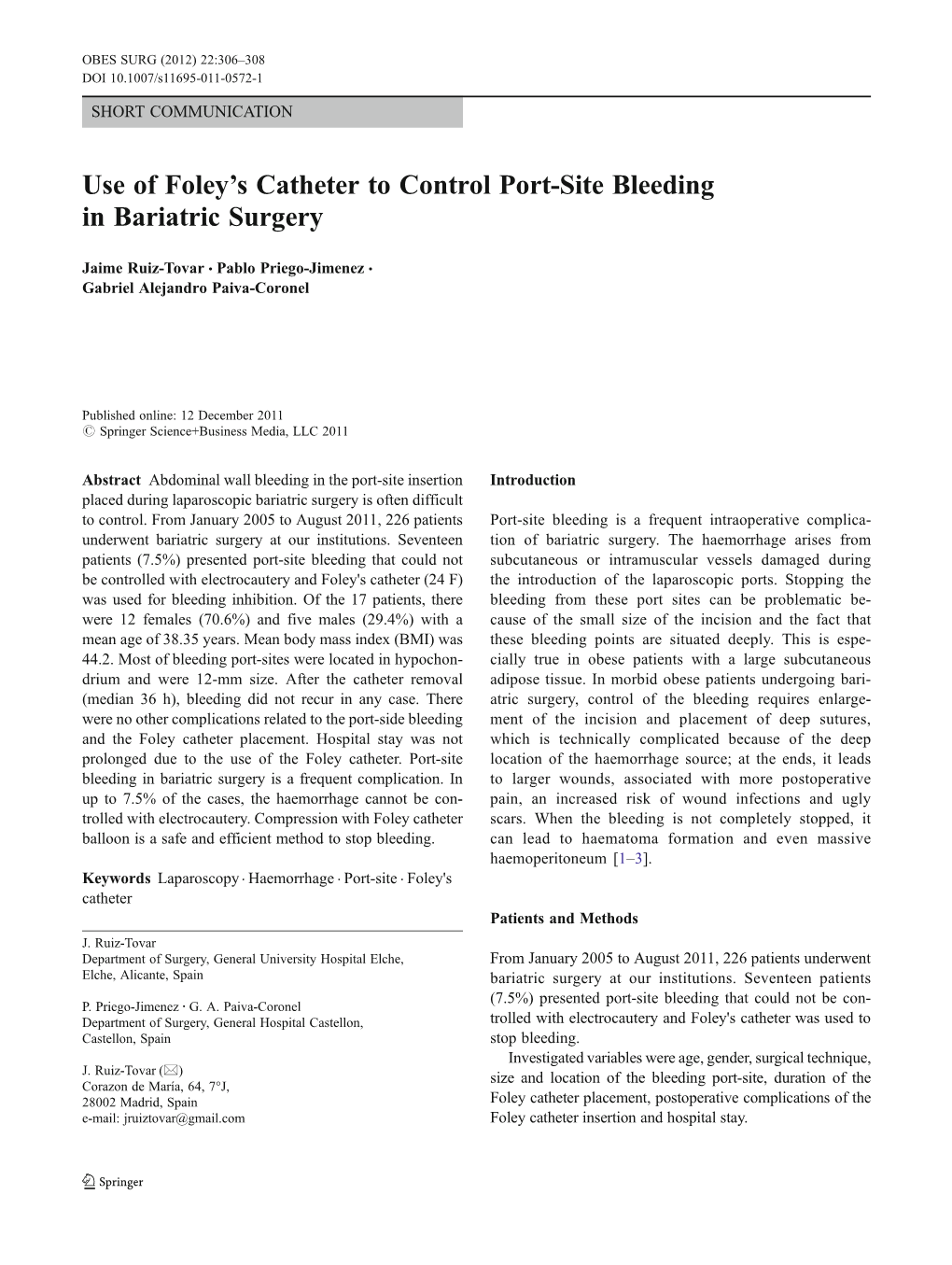 Use of Foley's Catheter to Control Port-Site Bleeding in Bariatric Surgery