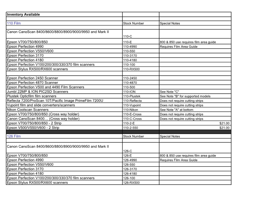 Inventory Available 110 Film Canon Canoscan 8400/8600/8800/8900