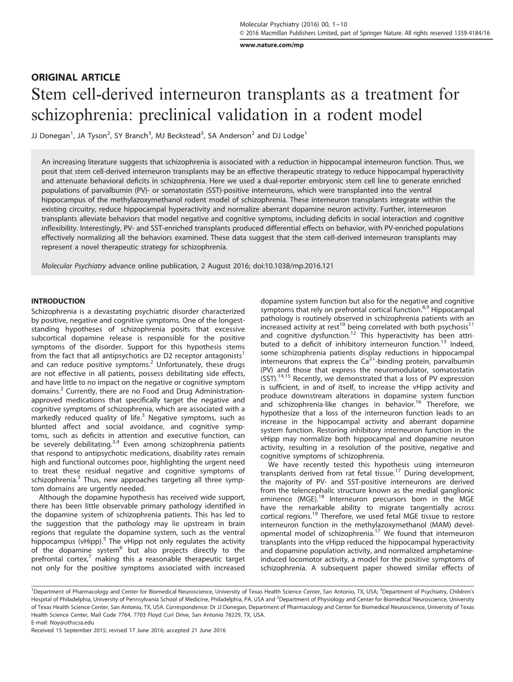 Stem Cell-Derived Interneuron Transplants As a Treatment for Schizophrenia: Preclinical Validation in a Rodent Model