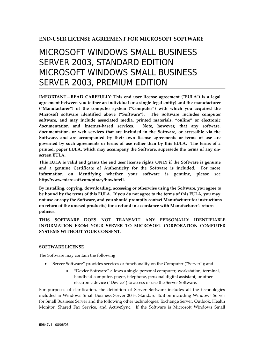 Microsoft Windows .NET Server 2003 EULA