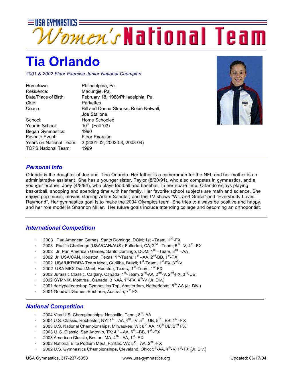 Tia Orlando 2001 & 2002 Floor Exercise Junior National Champion