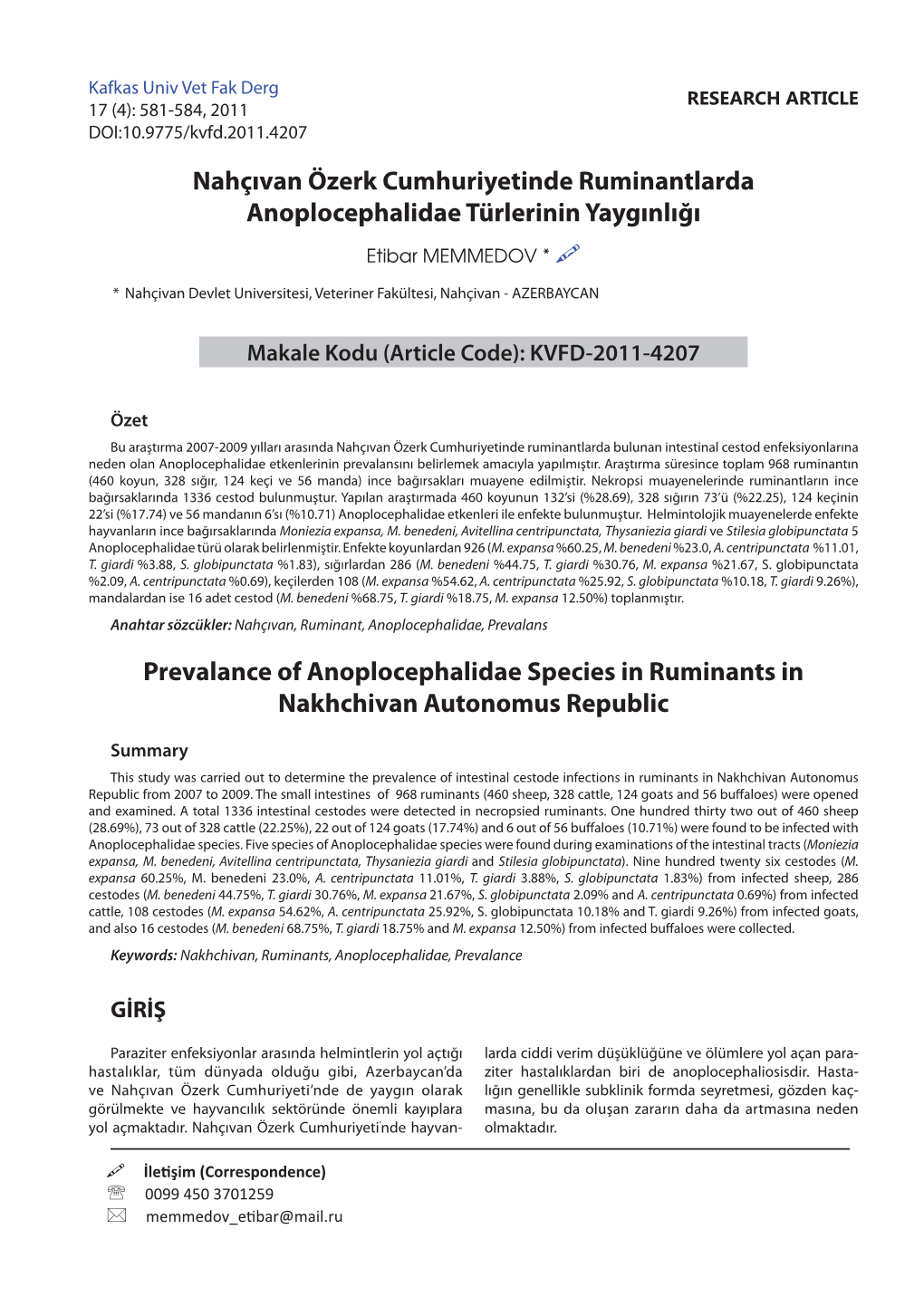 Nahçıvan Özerk Cumhuriyetinde Ruminantlarda Anoplocephalidae Türlerinin Yaygınlığı