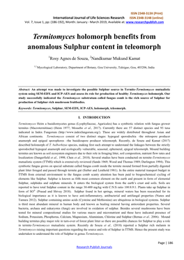 Termitomyces Holomorph Benefits from Anomalous Sulphur Content in Teleomorph