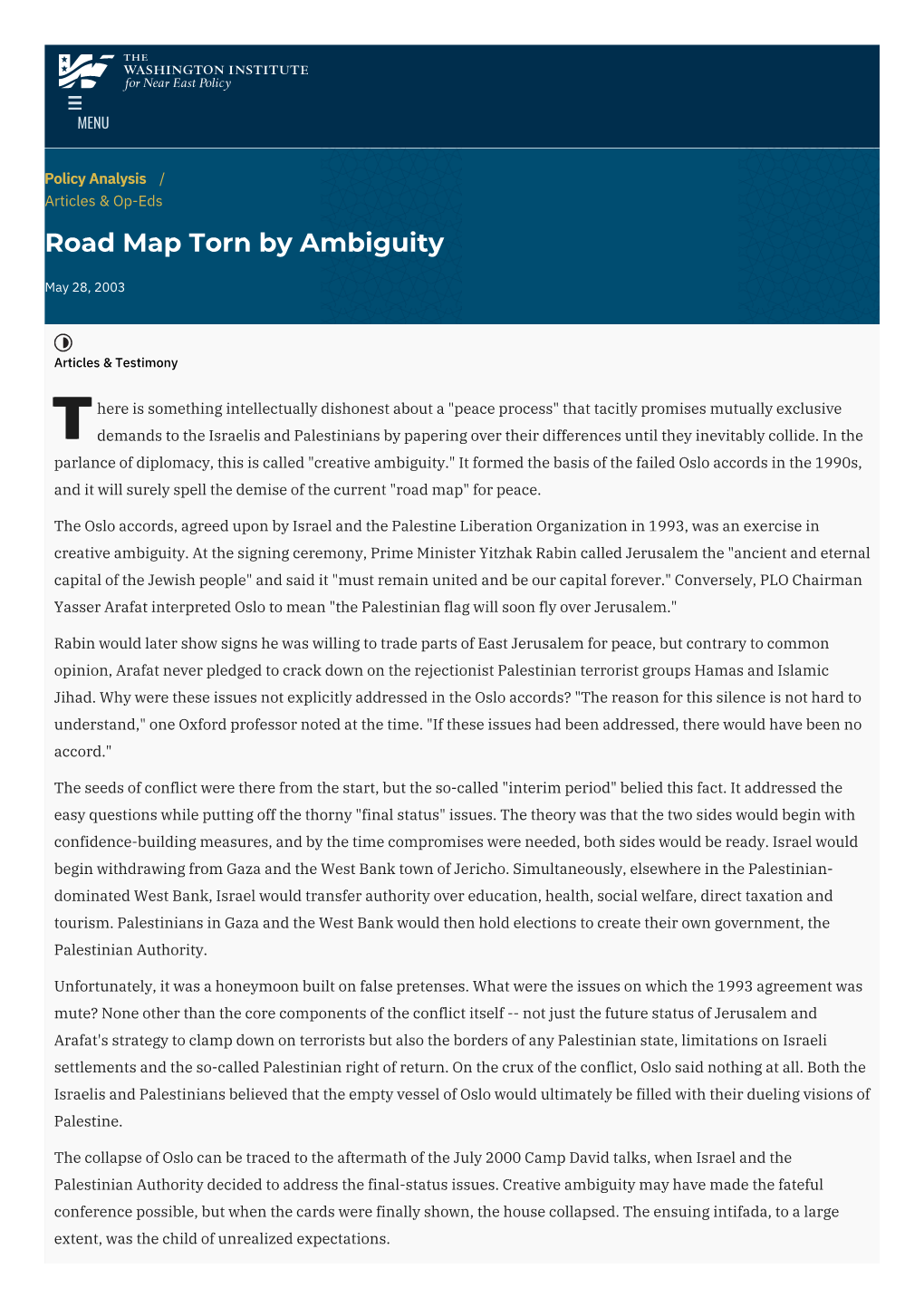 Road Map Torn by Ambiguity | the Washington Institute
