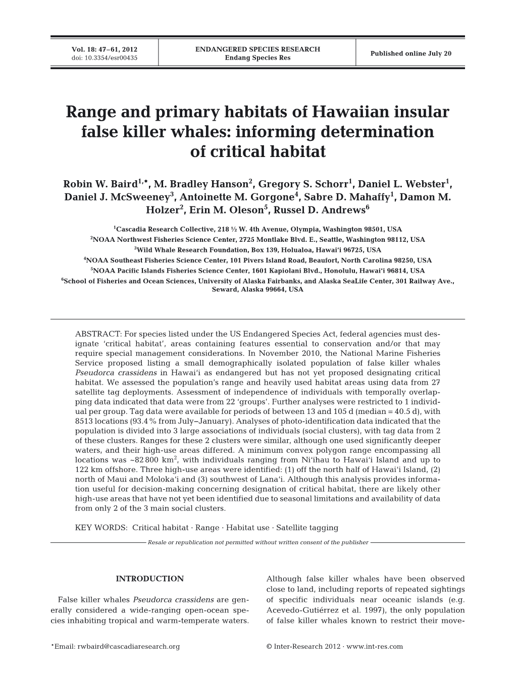 Range and Primary Habitats of Hawaiian Insular False Killer Whales: Informing Determination of Critical Habitat