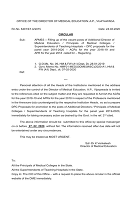 Filling up of the Vacant Posts of Additional Director of Medical