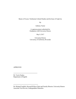 Beasts of Excess: Nonhuman Cultural Studies and the Issue of Captivity by Anthony Turner a Capstone Project Submitted for Gradua