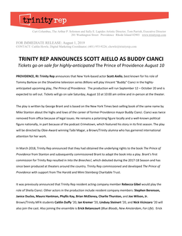 TRINITY REP ANNOUNCES SCOTT AIELLO AS BUDDY CIANCI Tickets Go on Sale for Highly-Anticipated the Prince of Providence August 10