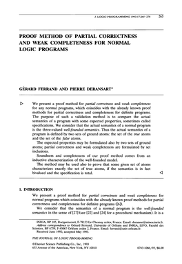 Proof Method of Partial Correctness and Weak Completeness for Normal Logic Programs