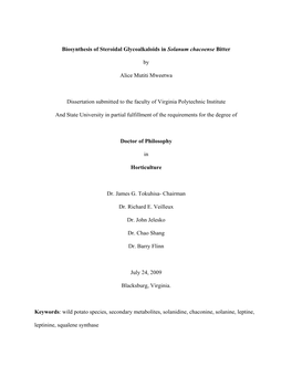 Biosynthesis of Steroidal Glycoalkaloids in Solanum Chacoense Bitter