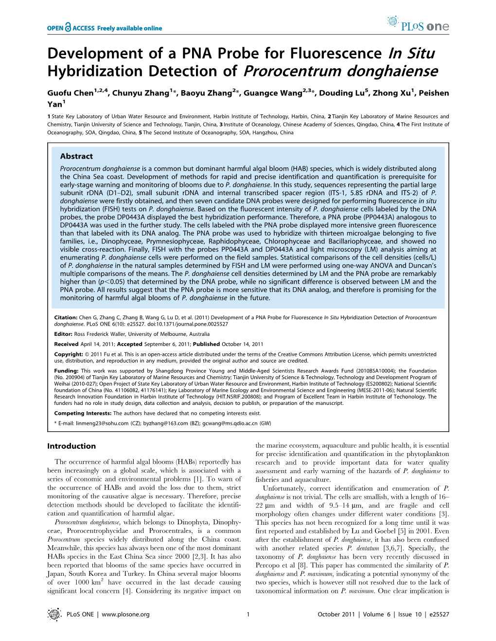 Development of a PNA Probe for Fluorescence in Situ Hybridization Detection of Prorocentrum Donghaiense