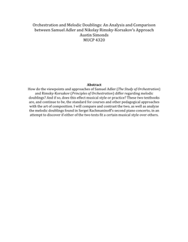 Orchestration and Melodic Doublings: an Analysis and Comparison Between Samuel Adler and Nikolay Rimsky-Korsakov’S Approach Austin Simonds MUCP 4320