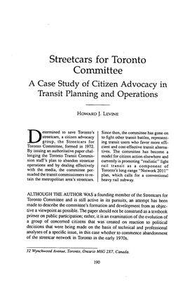 Streetcars for Toronto Committee a Case Study of Citizen Advocacy in Transit Planning and Operations