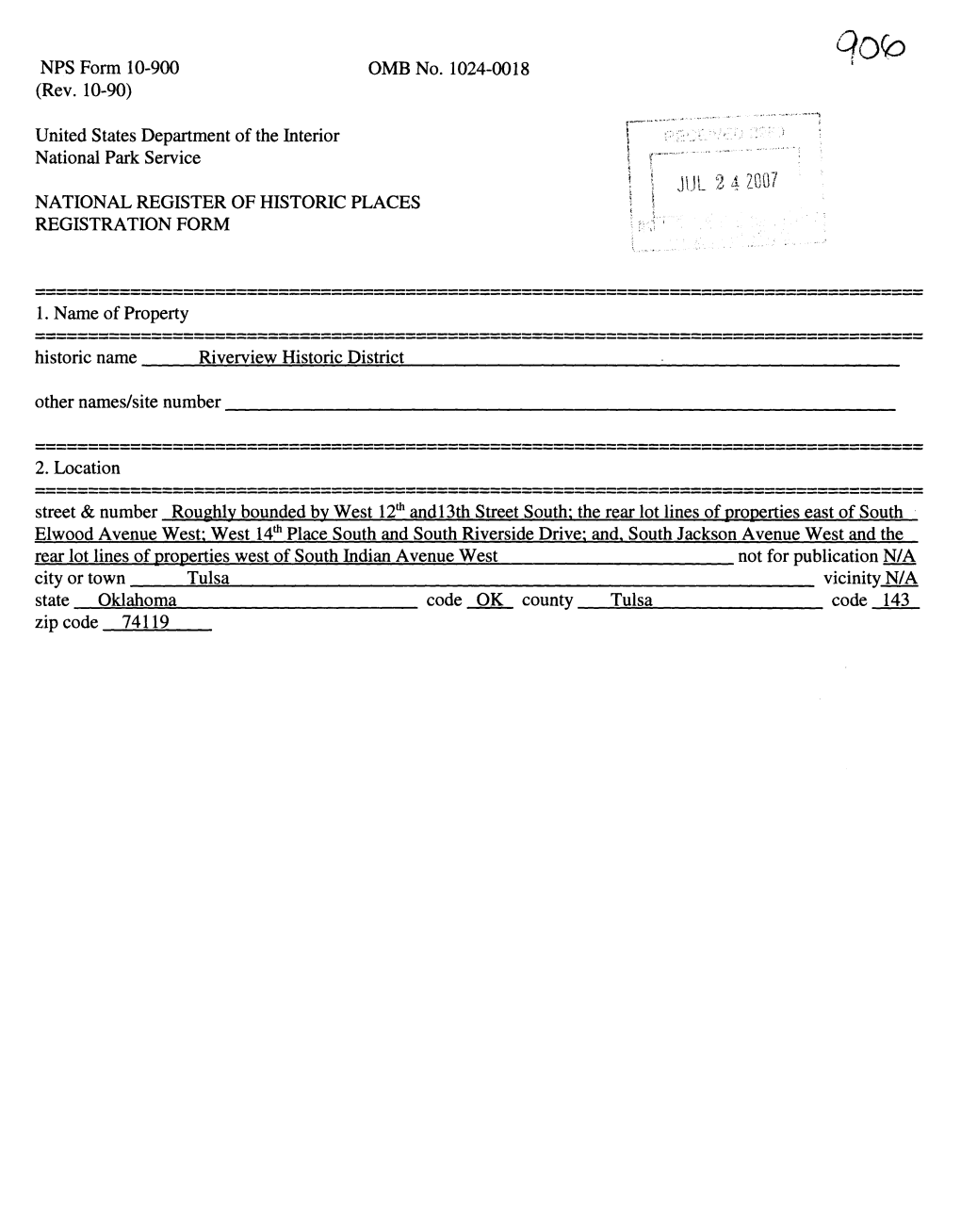 United States Department of the Interior National Park Service JUL 2 4 2007 NATIONAL REGISTER of HISTORIC PLACES REGISTRATION FORM