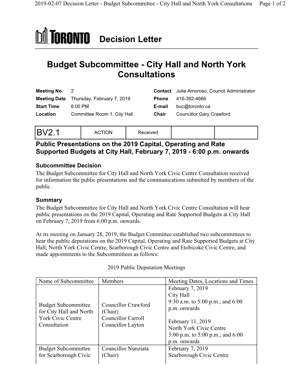 Public Presentations on the 2019 Capital, Operating and Rate Supported Budgets at City Hall, February 7, 2019 - 6:00 P.M