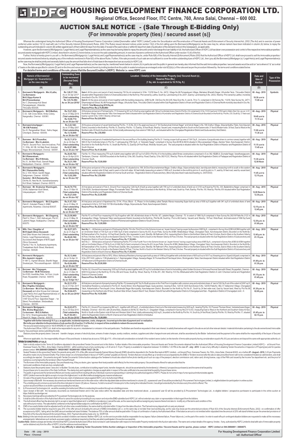 HOUSING DEVELOPMENT FINANCE CORPORATION LTD. Regional Office, Second Floor, ITC Centre, 760, Anna Salai, Chennai – 600 002