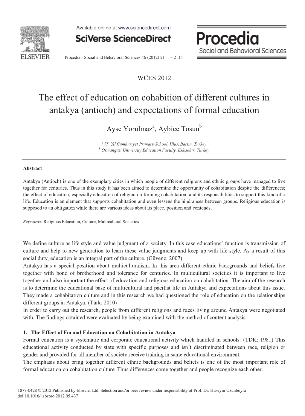 The Effect of Education on Cohabition of Different Cultures in Antakya (Antioch) and Expectations of Formal Education