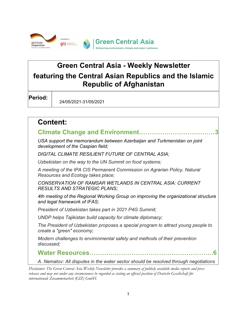 Weekly Newsletter Featuring the Central Asian Republics and the Islamic Republic of Afghanistan