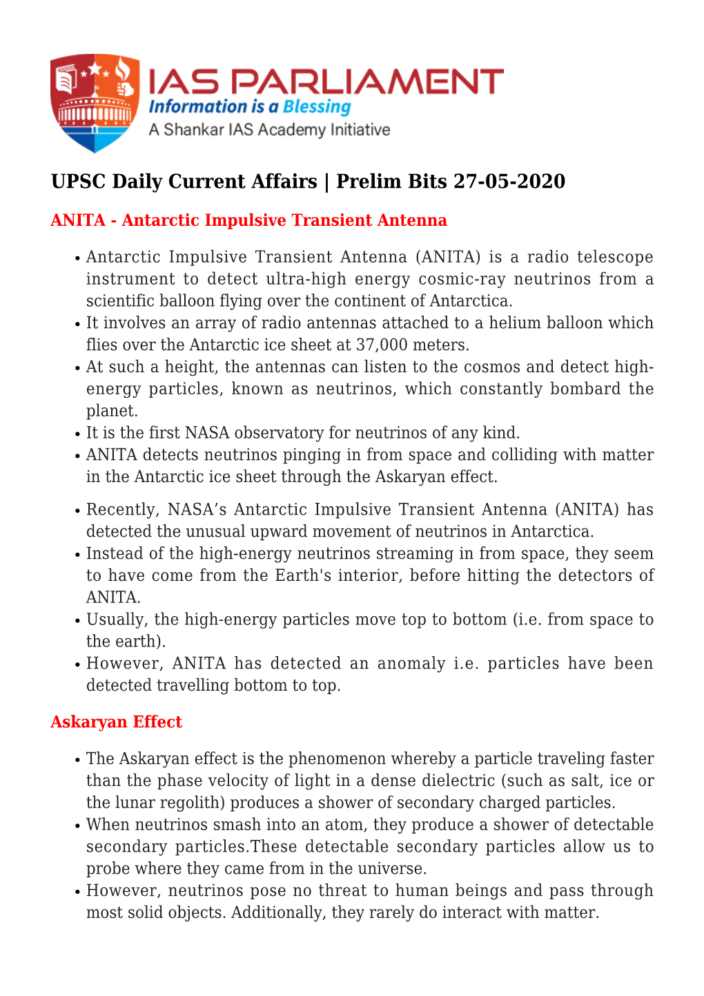 UPSC Daily Current Affairs | Prelim Bits 27-05-2020