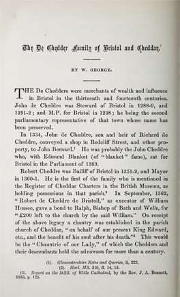 George, W, the De Chedder Family of Bristol and Cheddar, Part II