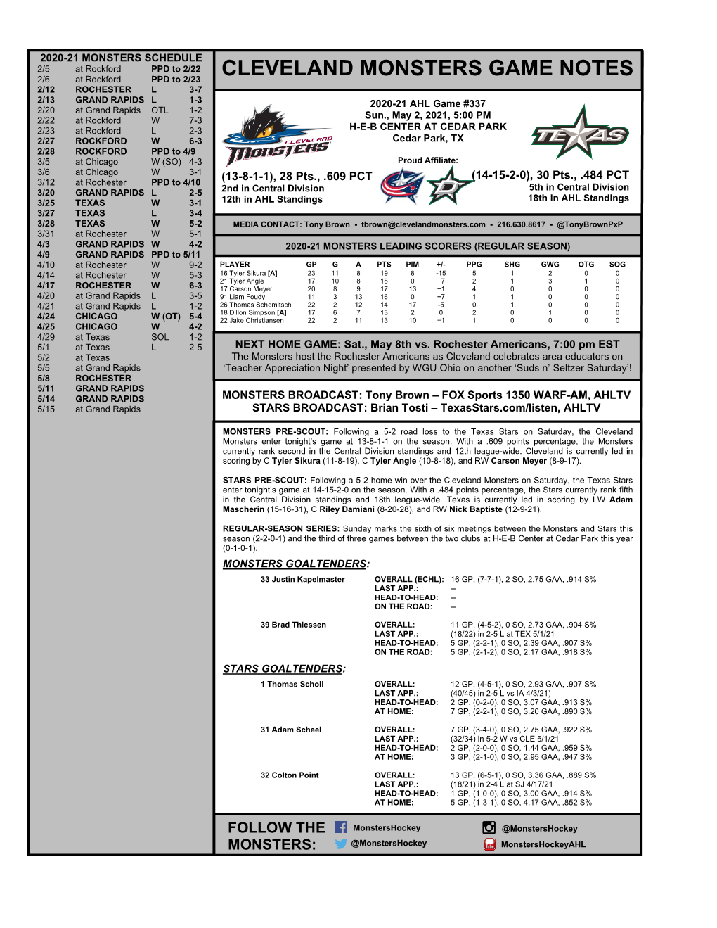 Cleveland Monsters Game Notes