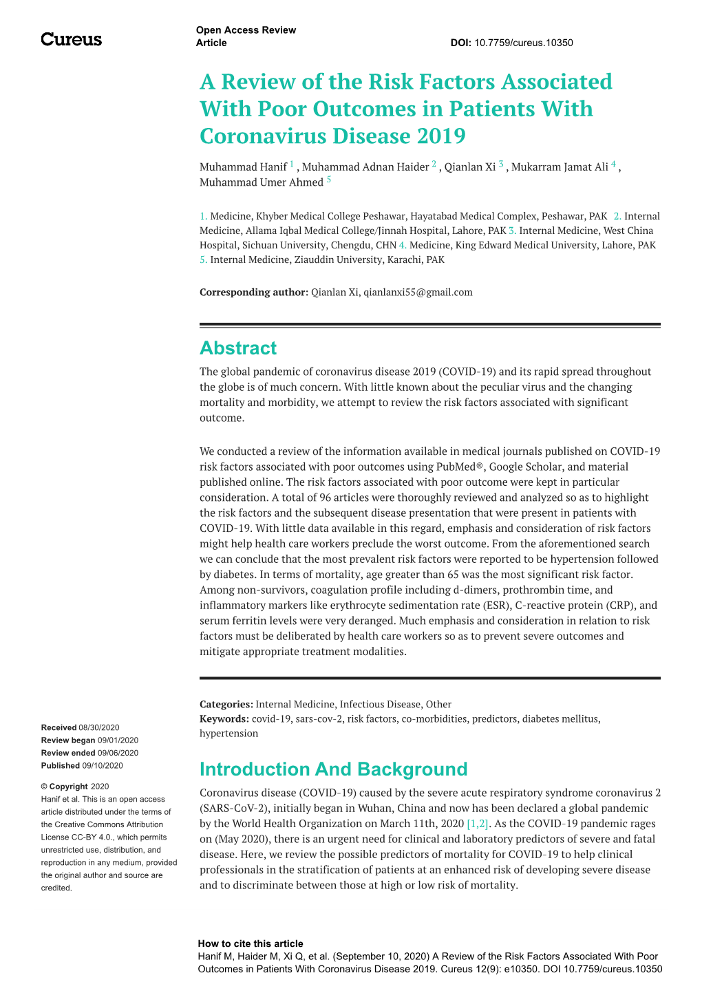 A Review of the Risk Factors Associated with Poor Outcomes in Patients with Coronavirus Disease 2019