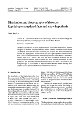 Distribution and Biogeography of the Order Raphidioptera: Updated Facts and a New Hypothesis