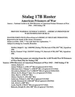 Stalag 17B Roster American Prisoners of War Source – National Archives & 1994 Directory of American Former Prisoners of War 1943 – 1945 Stalag 17B