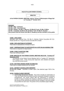 VALE of ALLEN PARISH COUNCIL MINUTES of the PARISH COUNCIL