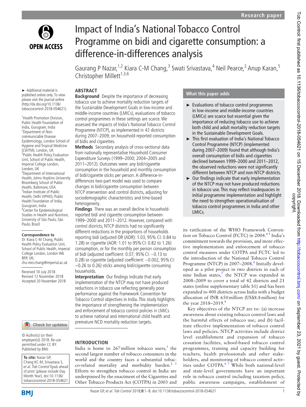 Impact of India's National Tobacco Control Programme on Bidi and Cigarette Consumption: a Difference-In-Differences Analysis