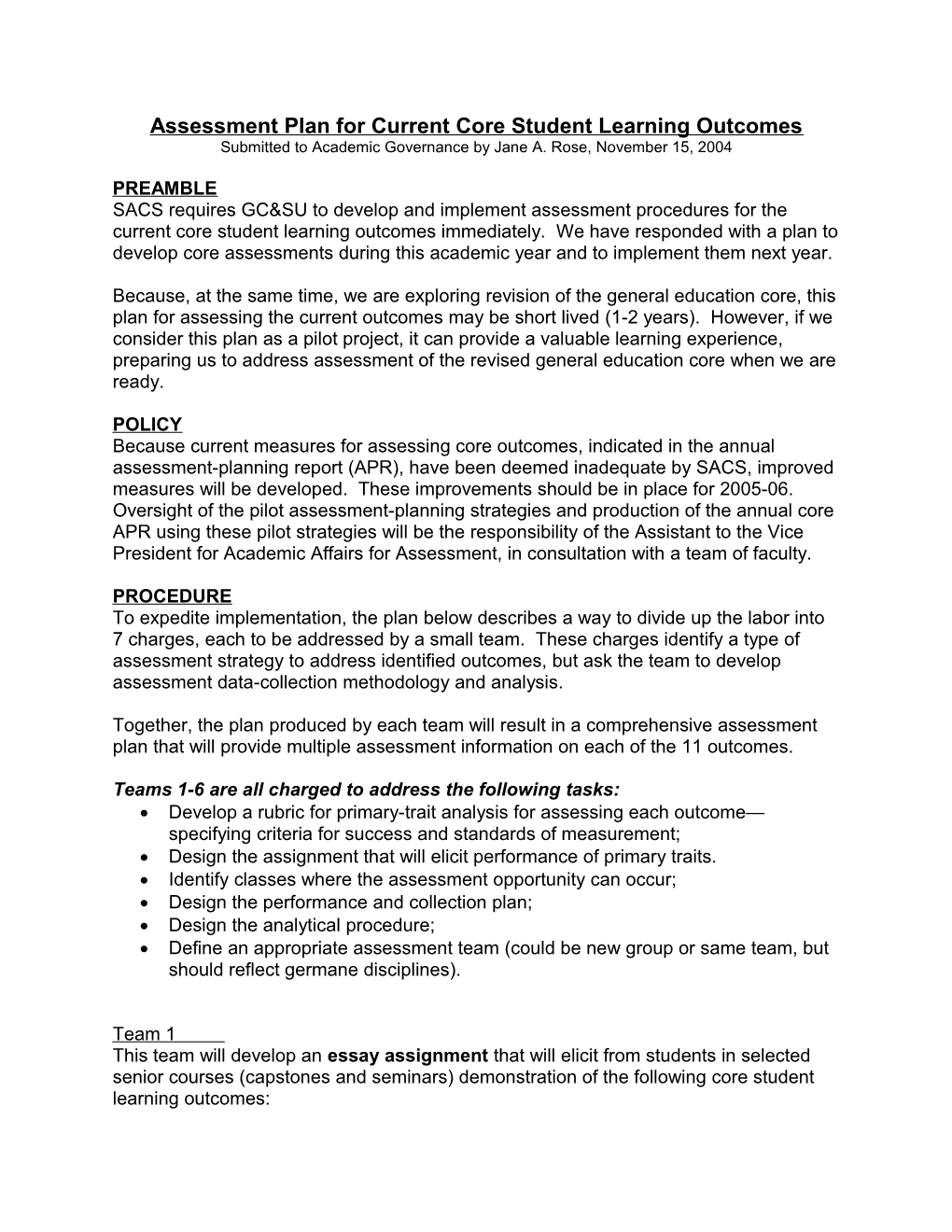 Assessment Plan for Current Core Student Learning Outcomes