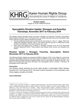 Nyaunglebin Situation Update: Shwegyin and Kyaukkyi Townships, November 2017 to February 2018