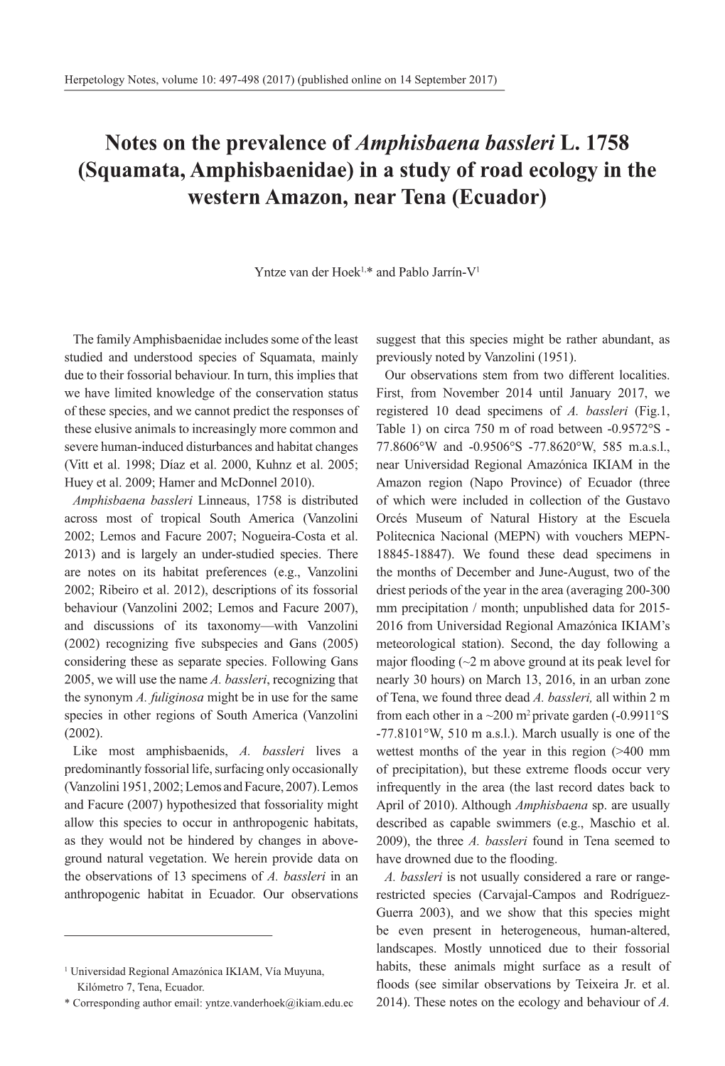 Squamata, Amphisbaenidae) in a Study of Road Ecology in the Western Amazon, Near Tena (Ecuador)