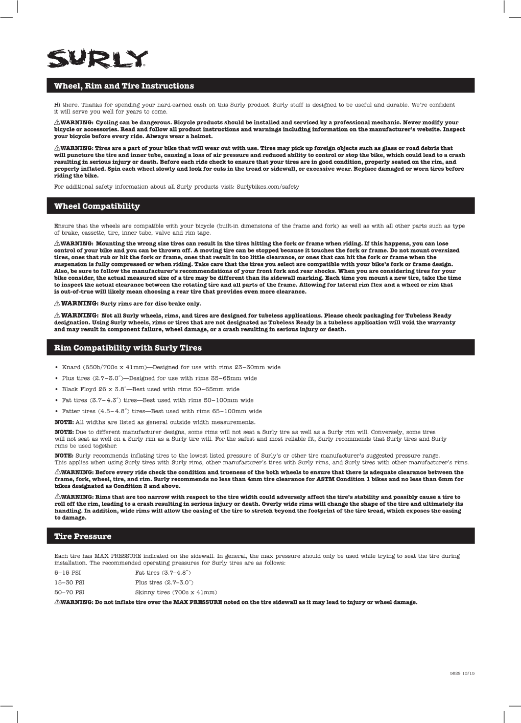 Wheel, Rim and Tire Instructions