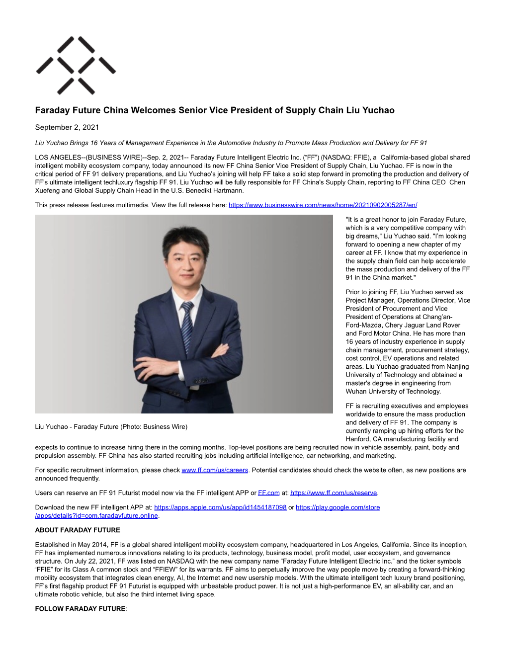 Faraday Future China Welcomes Senior Vice President of Supply Chain Liu Yuchao