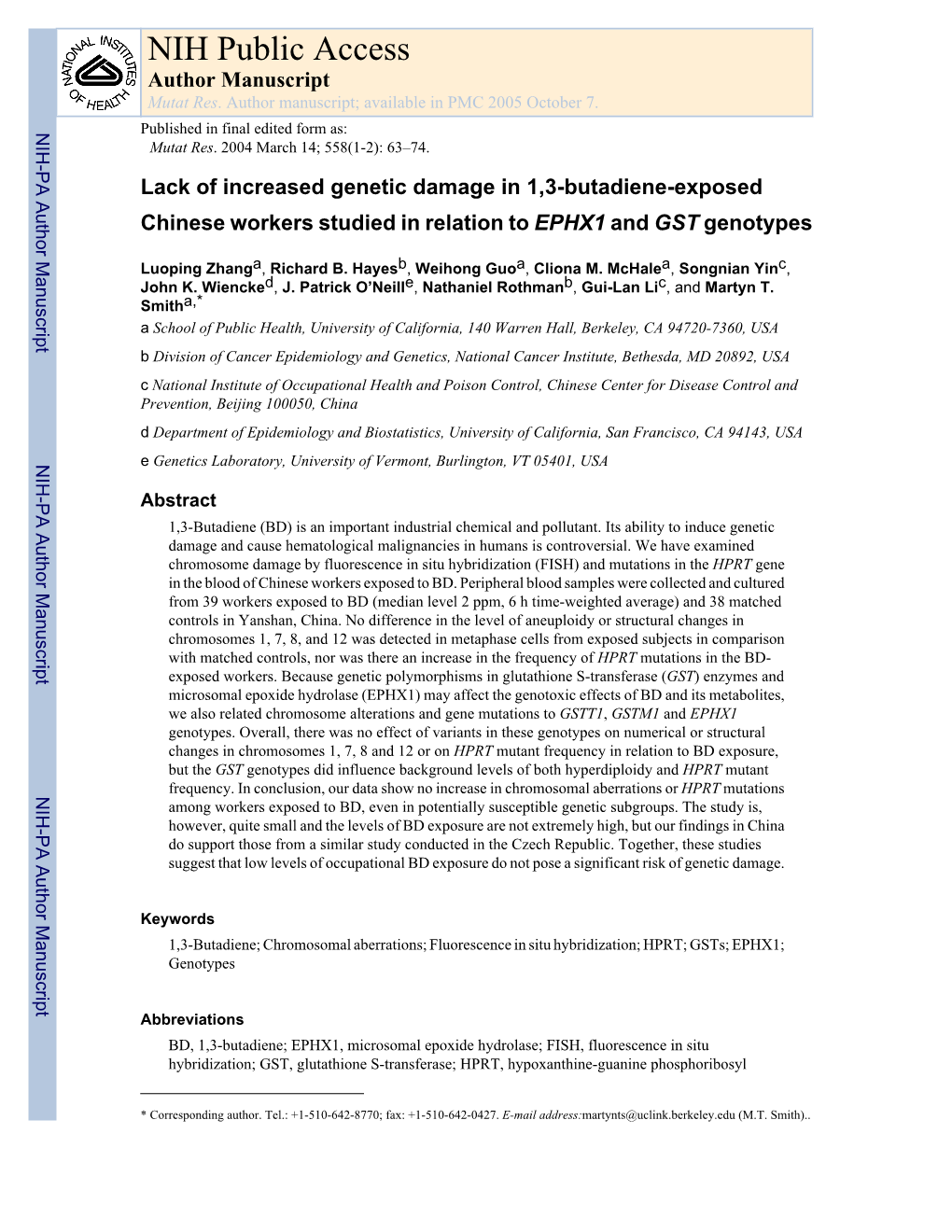 NIH Public Access Author Manuscript Mutat Res