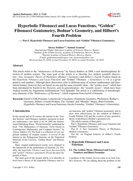 Hyperbolic Fibonacci and Lucas Functions, “Golden” Fibonacci Goniometry, Bodnar’S Geometry, and Hilbert’S Fourth Problem ——Part I