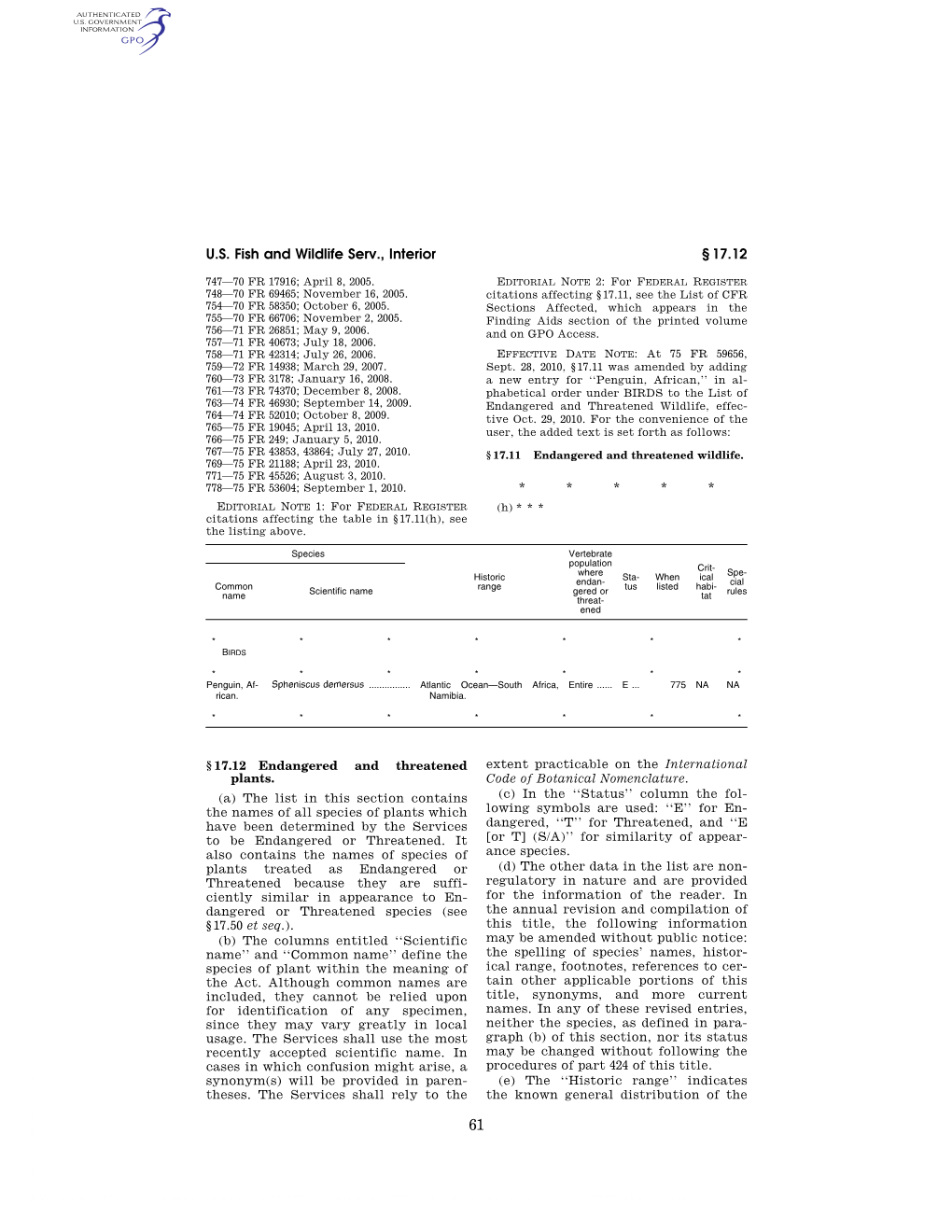 U.S. Fish and Wildlife Serv., Interior § 17.12