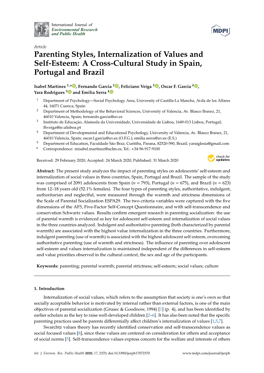 Parenting Styles, Internalization of Values and Self-Esteem: a Cross-Cultural Study in Spain, Portugal and Brazil