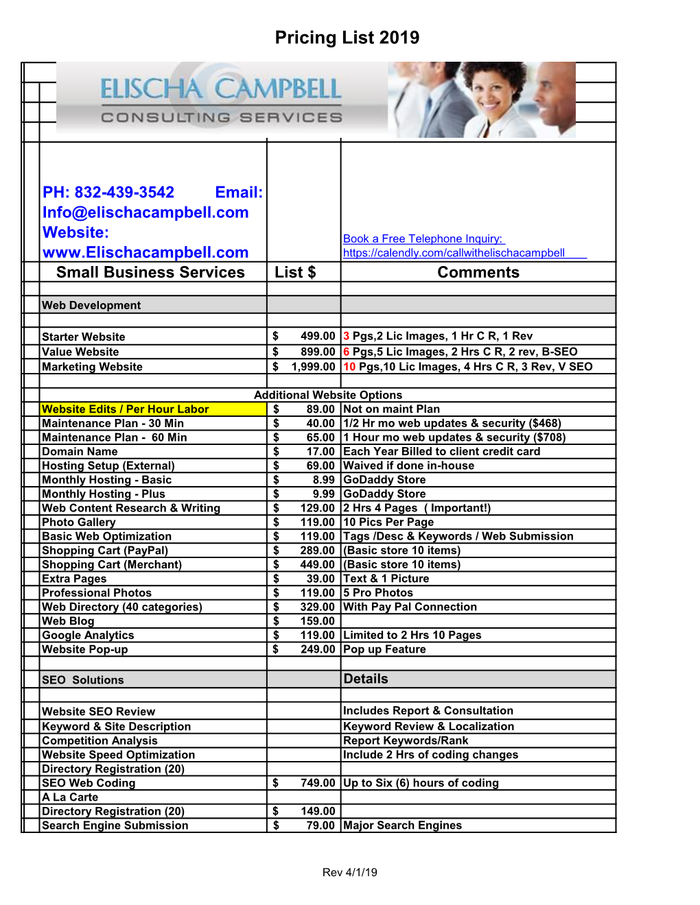 Pricing List 2019