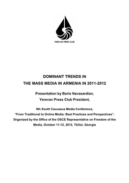 Dominant Trends in the Mass Media in Armenia in 2011-2012