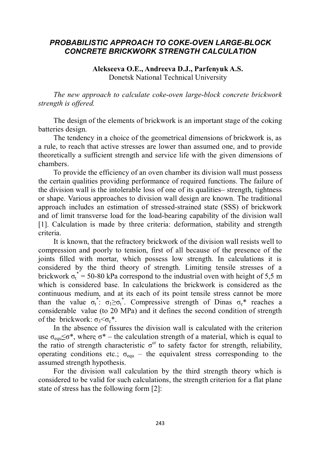 Probabilistic Approach to Coke-Oven Large-Block Concrete Brickwork Strength Calculation