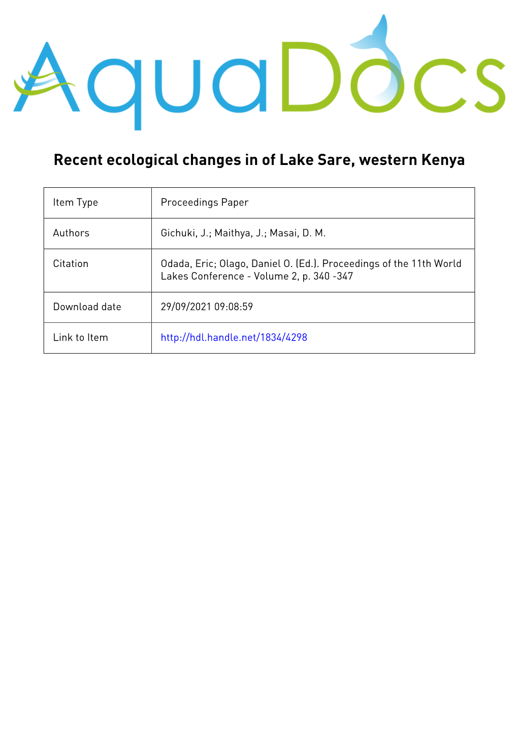 Recent Ecological Changes in of Lake Sare, Western Kenya