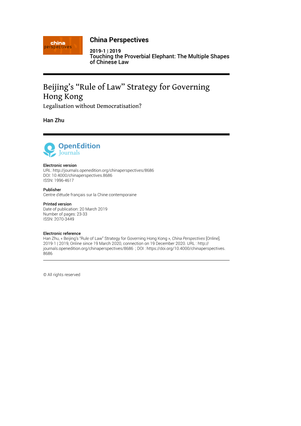 Beijing's “Rule of Law” Strategy for Governing Hong Kong