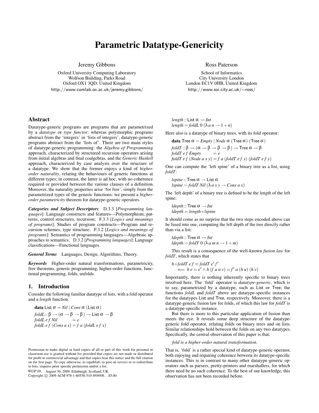 Parametric Datatype-Genericity