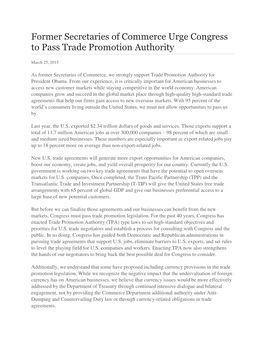 Former Secretaries of Commerce Urge Congress to Pass Trade Promotion Authority