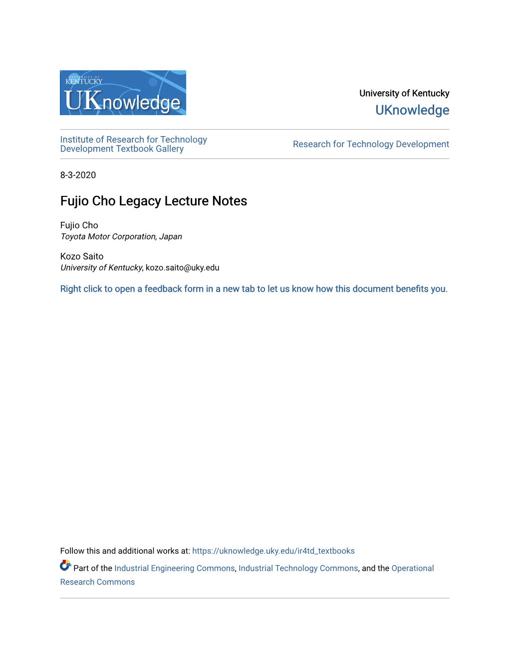 Fujio Cho Legacy Lecture Notes