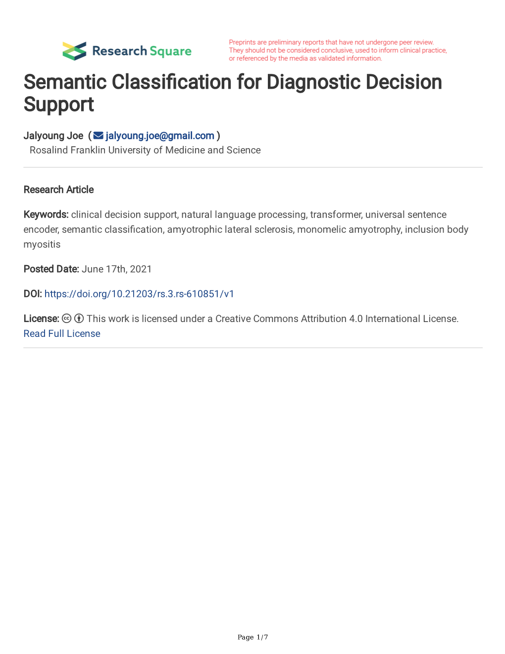 Semantic Classi Cation for Diagnostic Decision Support