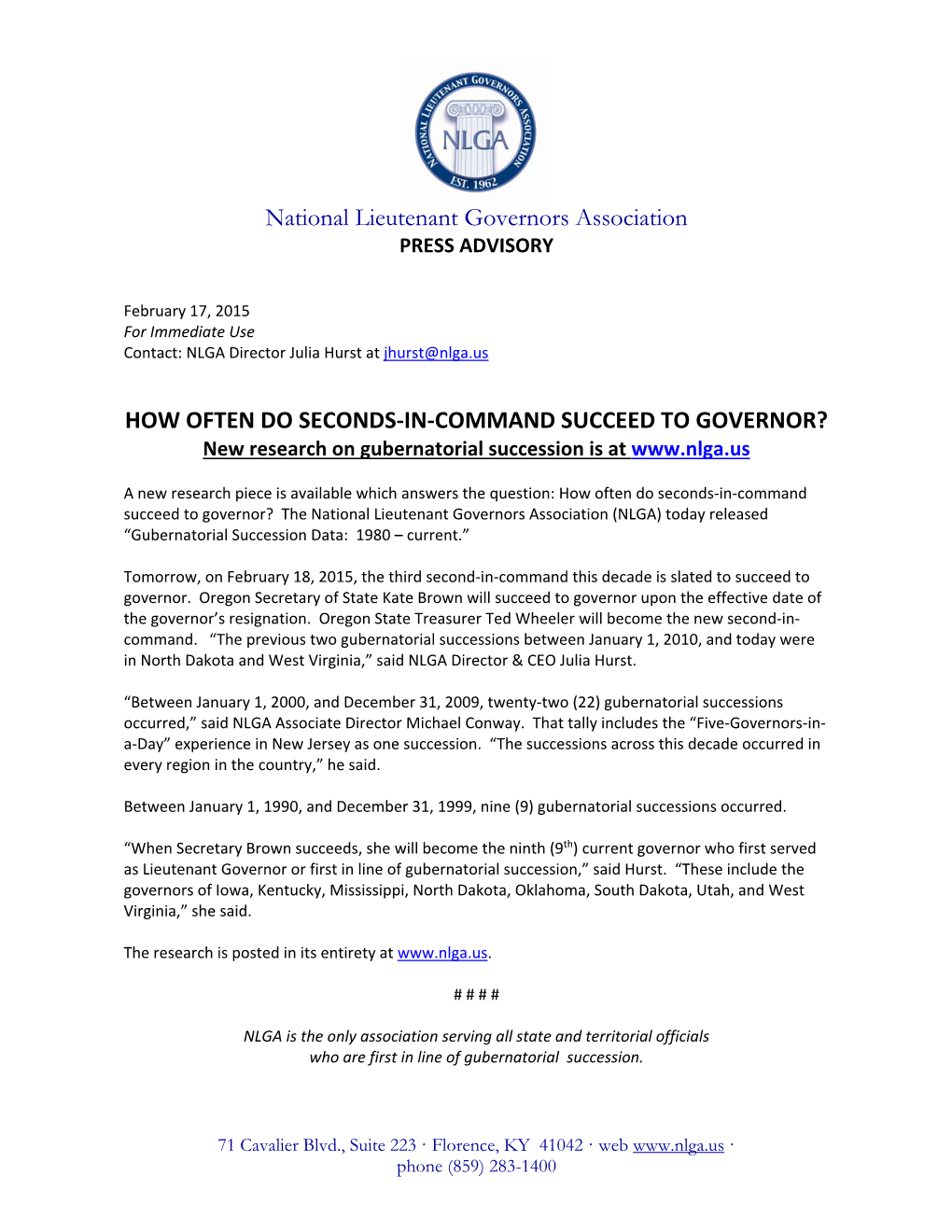 NLGA Press Advisory New Research on Gubernatorial Succession