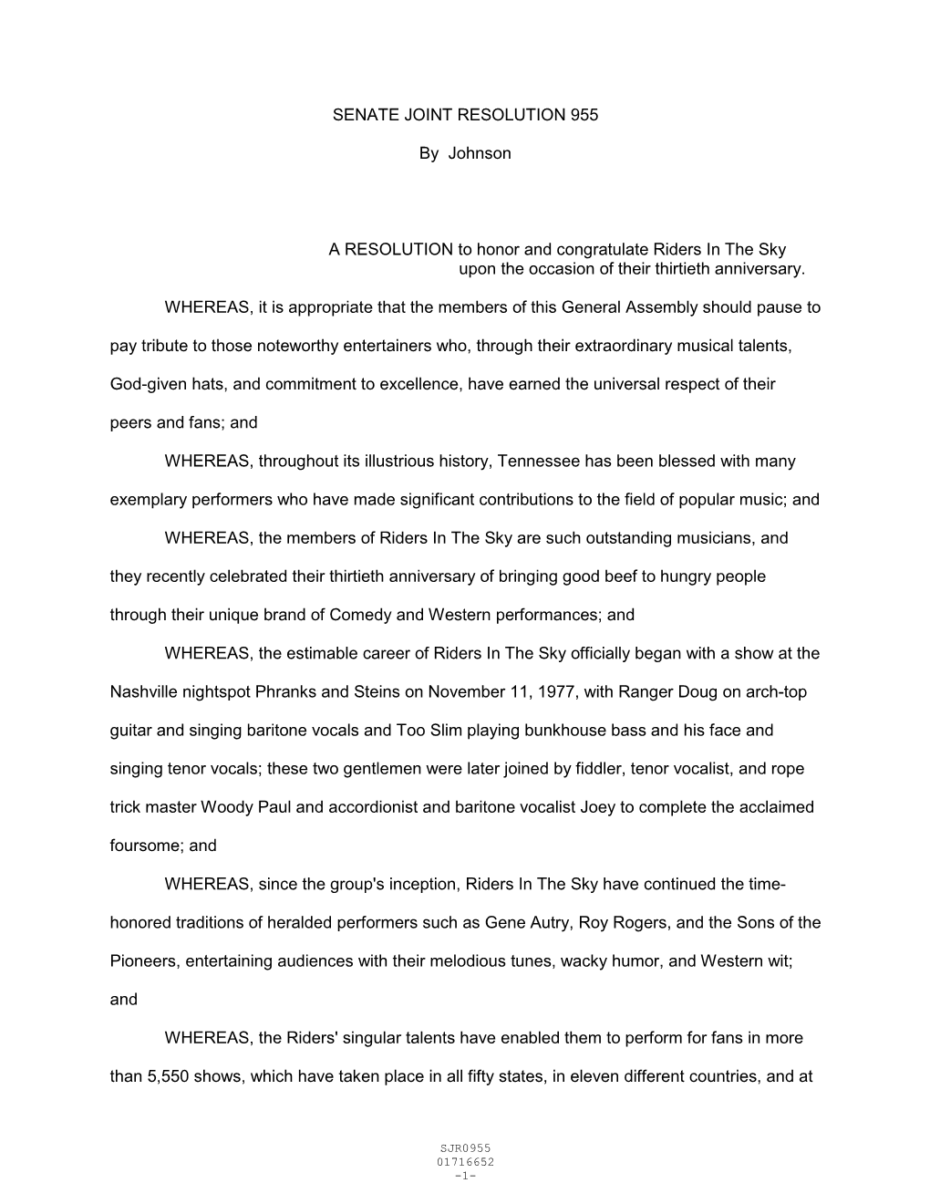 SENATE JOINT RESOLUTION 955 by Johnson a RESOLUTION To